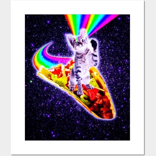 Rainbow Laser Eyes Galaxy Cat Riding Taco Posters and Art